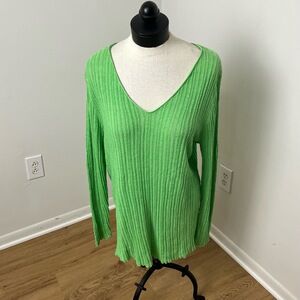 Eileen Fisher Green Long Sleeve Vneck Ribbed Linen Knit Lagenlook Top Large